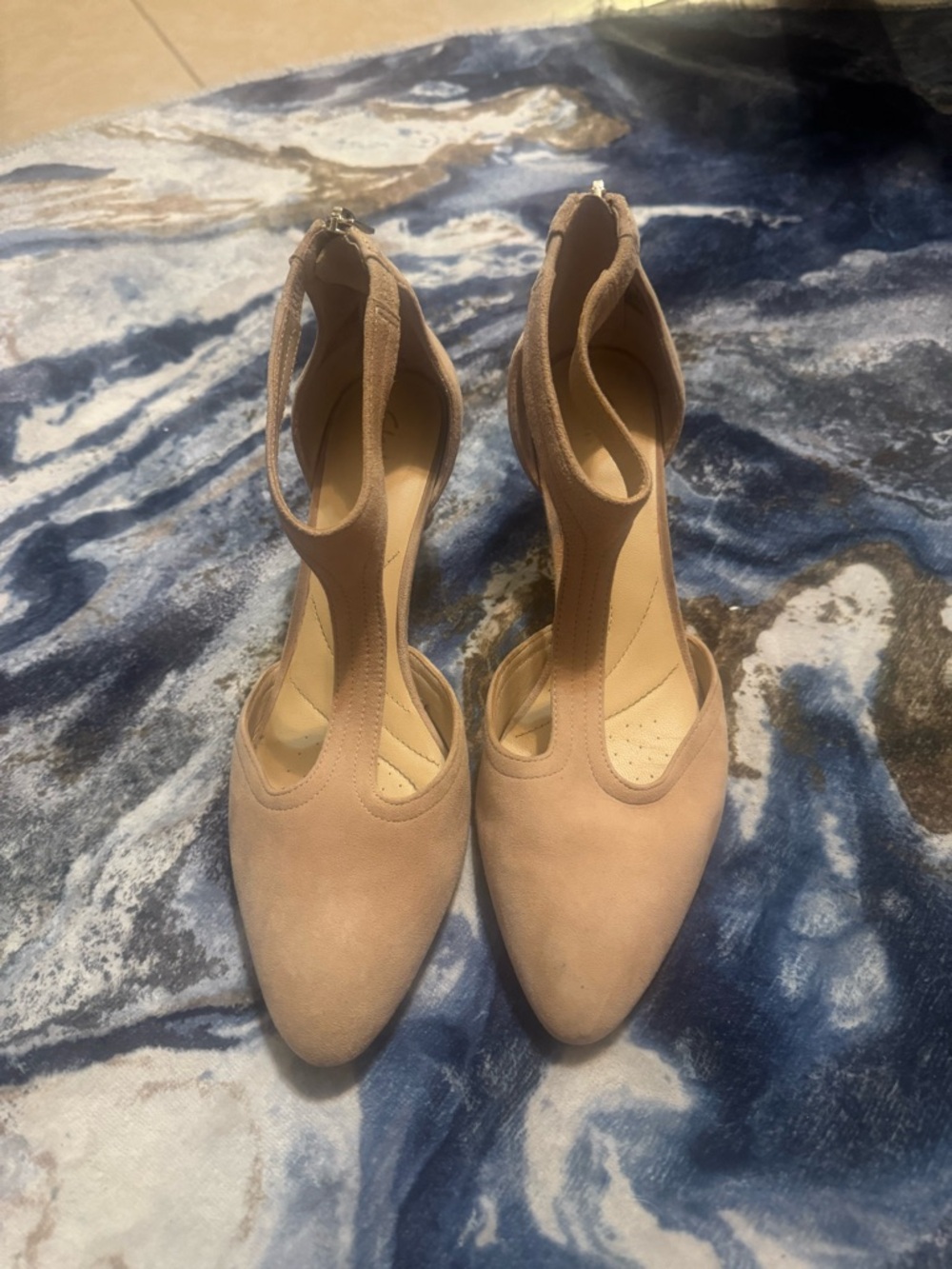 Clarks Tan T-Strap Pointed Toe Heels